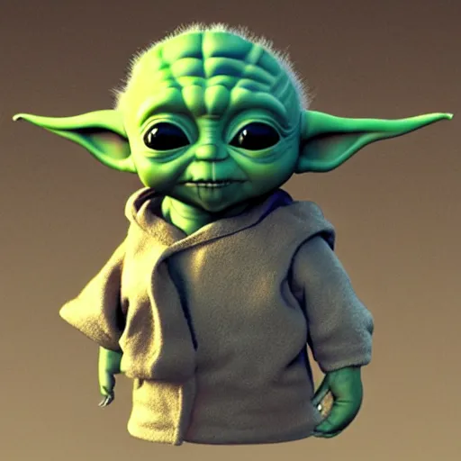 Image similar to baby yoda by bill watterson. 3 d render.