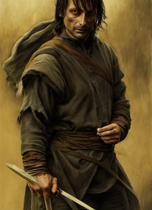 Image similar to Mads Mikkelsen as Aragorn by Alan Lee, medium shot, very detailed eyes, golden hour, concept art, detailed clothing, art station, oil painting