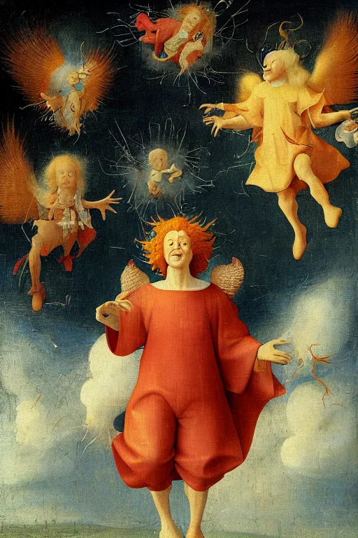 Image similar to ronald mcdonald as an angel ascending into the heavens with wings made of french fries, cute winged chicken nuggets flying all around, halo, sunbeams, clouds, oil on panel, by hieronymus bosch