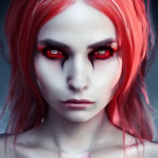 Prompt: a highly detailed portrait of a humanoid demon girl with white hair, red horns, in white clothes, red eyes artstation, deviantart, professional, unreal engine 5, photorealistic