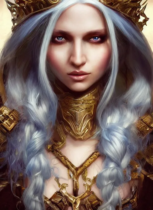 Image similar to Elf queen with long white hair, fantasy, medieval, vivid colors, fantasy, elegant, concept art, sharp focus, beautiful face!!, digital art, Hyper-realistic, 4K, Unreal Engine, Highly Detailed, HD, Dramatic Lighting by Brom, trending on Artstation