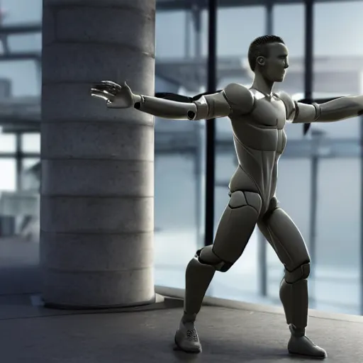 Image similar to a realistic detailed photo of a guy who is an attractive humanoid who is half robot and half humanoid, who is a male android, attractive and handsome soccer players, shiny skin, posing like a statue, blank stare, in a factory, on display, showing off his muscles, wearing soccer shorts, side view, looking at each other mindlessly