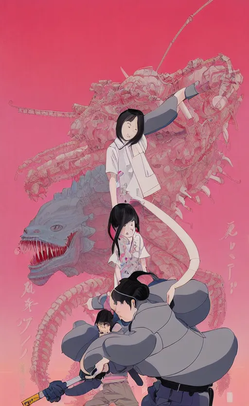 Image similar to Artwork by James Jean, Phil noto and hiyao Miyazaki ; a young Japanese future samurai police girl named Yoshimi battles an enormous looming evil natured carnivorous pink robot on the streets of Tokyo; Japanese shops and neon signage; crowds of people running; Art work by hiyao Miyazaki, Phil noto and James Jean