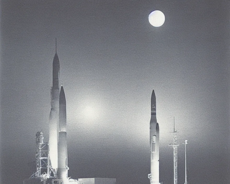 Prompt: achingly beautiful print of a Saturn V rocket on the launchpad, bathed in moonlight, by Hasui Kawase and Lyonel Feininger.