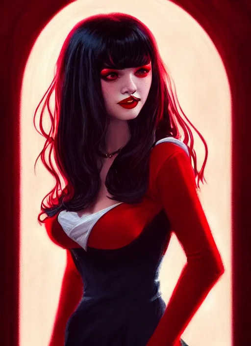 Prompt: portrait of vampire veronica lodge with bangs, vampire, long hair, red clothes, bangs, vampironica, intricate, elegant, glowing lights, highly detailed, digital painting, artstation, concept art, smooth, sharp focus, illustration, art by wlop, mars ravelo and greg rutkowski