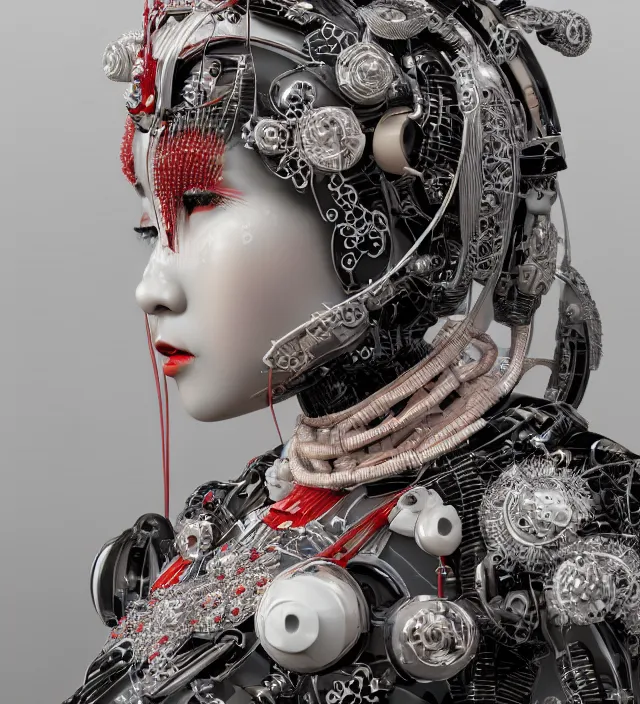 Prompt: portrait of a beautiful japanese robotic geisha with wires and actuators, dramatic lighting, hyper - realistic, ultra - realistic, intricate details, japanese model, 8 k ultra high definition, octane render