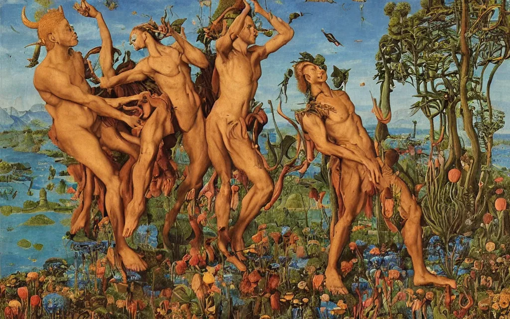 Image similar to a portrait photograph of a meditating satyr and a centaur monk riding a rocket machine and hunting at a river delta. surrounded by bulbous flowers and trees. mountain range under a blue sky of fiery stars. by jan van eyck, max ernst, ernst haeckel, ernst fuchs and artgerm, cgsociety, fashion editorial, 8 k