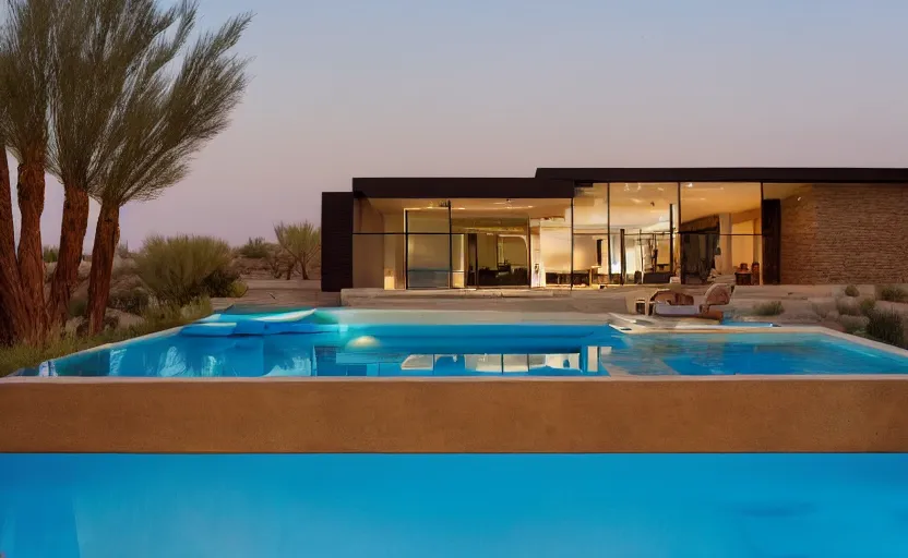 Prompt: modern house in the middle of desert, pool, professional photography