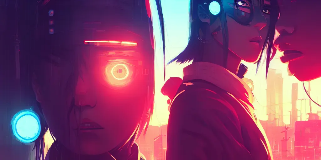 Image similar to digital illustration closeup portrait of cyberpunk samurai in city street at night by makoto shinkai, ilya kuvshinov, lois van baarle, rossdraws, basquiat | afrofuturism, in the style of hearthstone, trending on artstation | cool color scheme