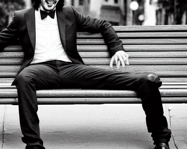 Image similar to photo of happy keanu reeves in jeans and black tux jacket sitting on a bench in the street. dof. lifelike. ultra detailed. intricate. soft light. nikon d 8 5 0.