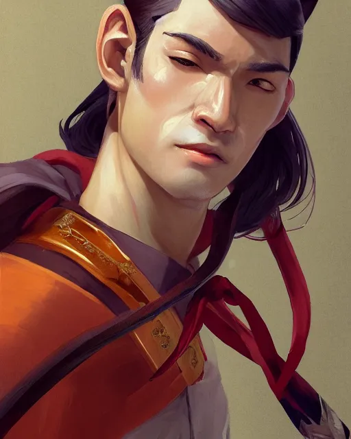 Image similar to An athletic man with fox ears and a katana wearing a kimono, portrait, visualartzi, Japanese, concept art by Karla Ortiz, James Paick, Charlie Bowater, Krenz Cushart, highly detailed, ultra detailed, ultra realistic, trending on artstation, cgstudio