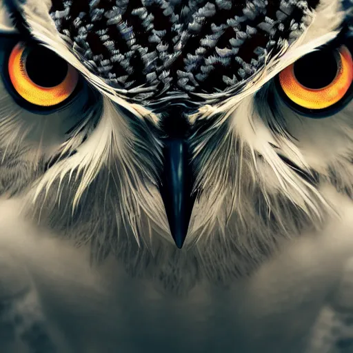Image similar to closeup photo an owl, intricate detail, volumetric lighting, epic composition, hyper detailed, ultra realistic, sharp focus, octane render, ray tracing,, sense of awe, swirling mist
