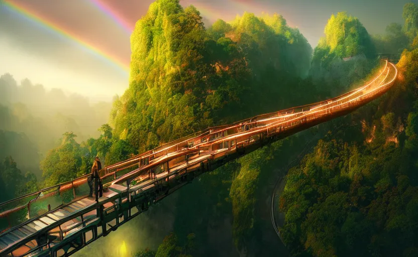 Prompt: incredible, mindblowing beautiful grand rainbow hardlight bridge, matte painting, artstation, solarpunk metropolis, cgsociety, dramatic lighting, vibrant greenery, concept art, octane render, arnold 3 d render