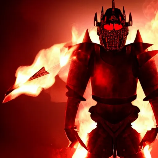 Image similar to a black knight in shining armor, a terrible mask on his face, eyes burning with red fire. a boy is standing next to him and he has a sword in his hands