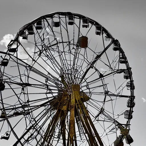 Image similar to an old abandoned rusty ferris wheel, in a town filled with pale yellow mist. Dystopian. Award-winning colored photo. OM system 12–40mm PRO II 40mm, 1/100 sec, f/2 8, ISO 800