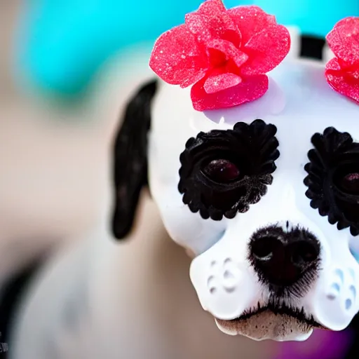 Image similar to a candy sugar skull havanese dog skull, mexico, day of the dead, close up photo, panasonic gh 6 6 0 mm bokeh