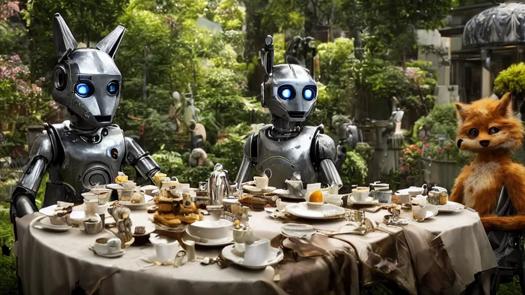 Image similar to film still from the movie chappie of the robot chappie shiny metal outdoor park plants garden scene bokeh depth of field several figures sitting down at a table having a delicious grand victorian tea party furry anthro anthropomorphic stylized cat ears wolf muzzle head android service droid robot machine fursona