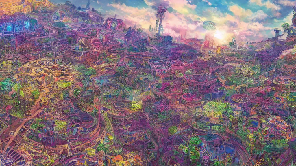 Prompt: a solarpunk landscape, artwork, colorful, insanely detailed and intricate