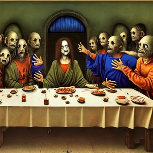 Image similar to a hyperrealistic painting of the last supper with spooky pepe the frog abducted by portals and angels, random cows, cinematic horror by chris cunningham, lisa frank, richard corben, highly detailed, vivid color, beksinski painting, part by adrian ghenie and gerhard richter. art by takato yamamoto. masterpiece