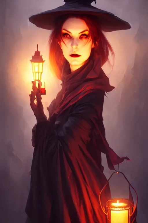 Image similar to portrait of a ghoulish victorian witch dark cheekbones holding a lantern, halloween night, charlie bowater, artgerm, ilya kuvshinov, krenz cushart, ruan jia, realism, ultra detailed, 8 k resolution