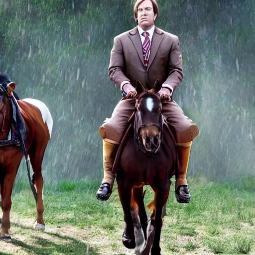 Prompt: saul goodman riding a horse while holding a sword, tv still