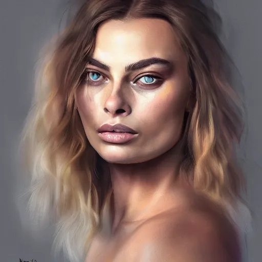 Image similar to a stunning portrait of a woman who looks like a mix between Emily Ratakowski and Margot Robbie, trending on artstation, WLOP, artgerm no blur, no distortion