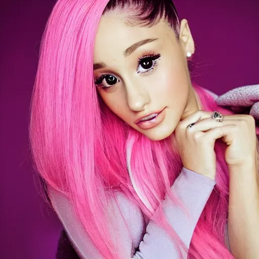 Image similar to photo of a beautiful ariana grande with pink hair in pink clothes, medium shot, intricate, elegant, highly detailed