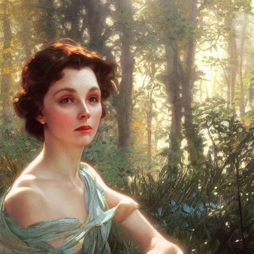 Image similar to a beautiful closeup portrait of a young vivian leigh, forest background, serene colors, dramatic light, gorgeous view, depth, high detail, digital art, painted by alphonse mucha and greg rutkowski, trending on artstation