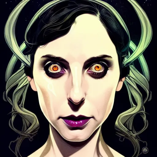 Image similar to in the style of joshua middleton, beautiful alison brie magician, black magic spells, creepy pose, bioshock, spooky, symmetrical face symmetrical eyes, three point lighting, detailed realistic eyes, aquapunk, insanely detailed and intricate elegant, artgerm, underwater home