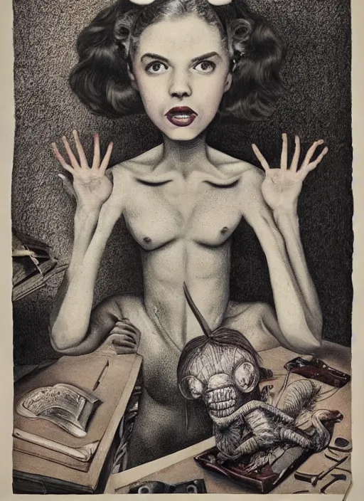 Prompt: surreal portrait of a creature with the body of a 1950's school-girl and whose head is a tarantula, inspired by Mark Ryden and Marion Peck, hints of Cronenberg