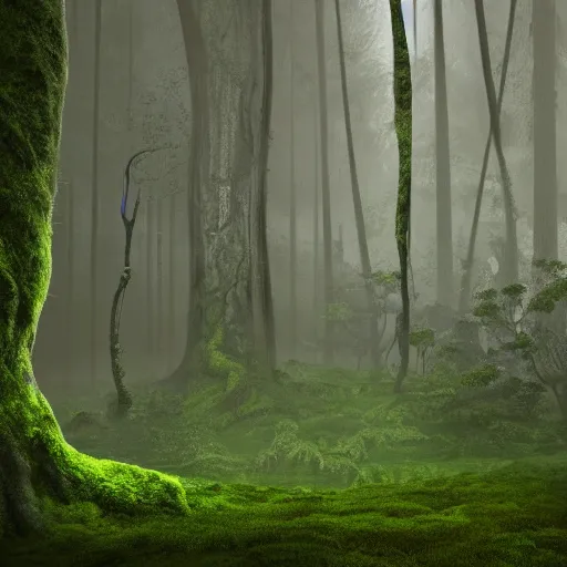 Image similar to Foggy forest with huge trees overgrown with moss and lianas, a hunter in combat wooden exoskeleton with chrome details walks between the roots. beautiful strange detailed painting 8k resolution deviantart trending on Artstation concept art digital illustration Unreal Engine VRay, lots of reflective surfaces, lots of reflective surfaces, subsurface scattering