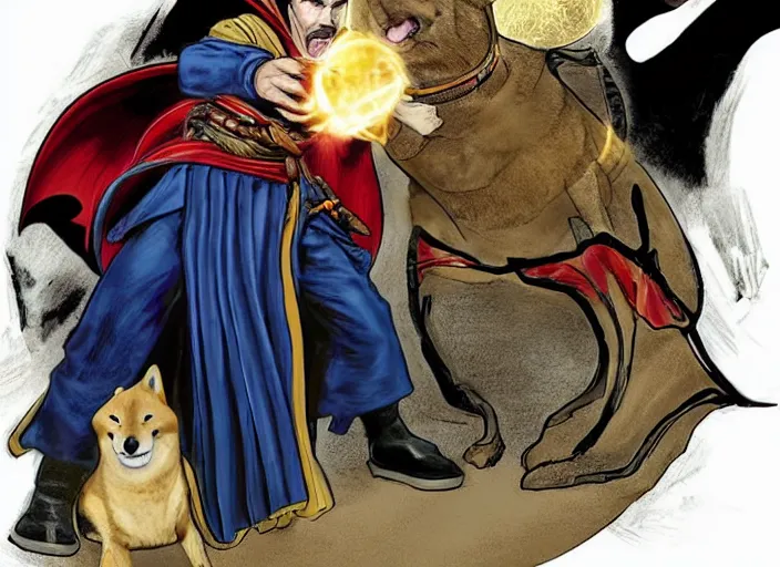 Image similar to dr. strange casting a shield spell in the metaverse with a shiba inu samurai at his feet, hyper realistic, highly detailed, perfect face, smooth, focus