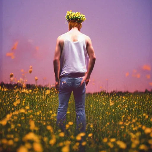 Image similar to kodak portra 4 0 0 photograph of a skinny blonde guy standing in field on fire, back view, flower crown, moody lighting, telephoto, 9 0 s vibe, blurry background, vaporwave colors, faded!,