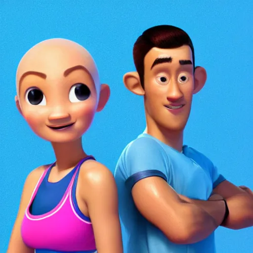 Image similar to young beautiful athletic Filipino woman with long hair standing beside a handsome caucasian athletic thin man with very short buzzed hair, balding, stubble on his face, blue eyes, depicted as adult Pixar characters, high quality cg render