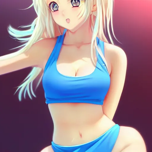 Prompt: a very beautiful young anime tennis girl, full body, long wavy blond hair, sky blue eyes, full round face, bikini, miniskirt, front view, mid - shot, highly detailed, cinematic wallpaper by stanley artgerm lau