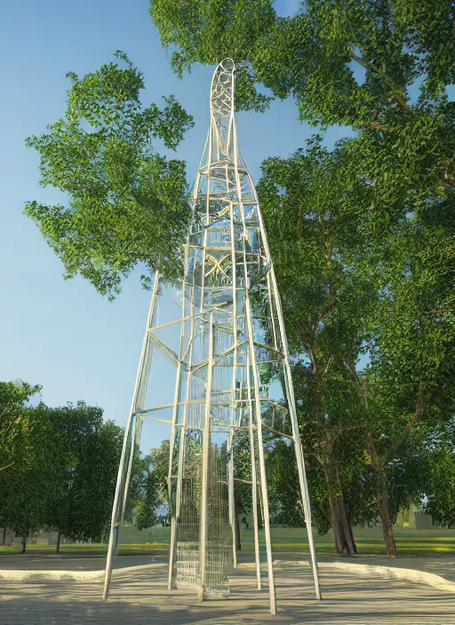 Image similar to highly detailed realistic architecture 3 d render of a stele shukhov tower standing in a city park, archdaily, made in unreal engine 4 octane render