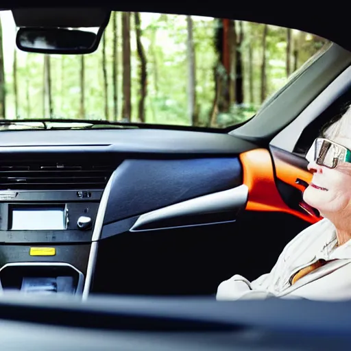 Prompt: color still of a 7 0 year old white woman driving a nissan sentra in a forest, bright sunny day,