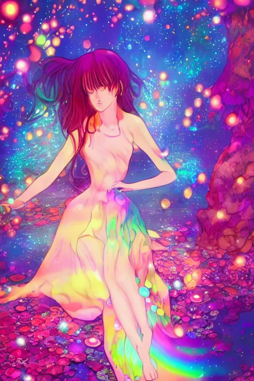 Image similar to psychedelic, whimsical, anime, 4k, beautiful intimate woman with professional makeup, long trippy hair, a crystal and flower dress, bathing in a reflective pond, underneath the stars, rainbow fireflies, trending on patreon, deviantart, twitter, artstation, volumetric lighting, heavy contrast, art style of Ross Tran and Ilya Kuvshinov