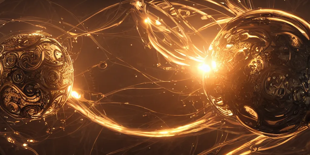 Image similar to swirling abstract cyborg parts and bio - mechanical tendrils and ornate flowing smoke streams and liquid light streaks surround a small metallic sphere, cinematic, unreal engine