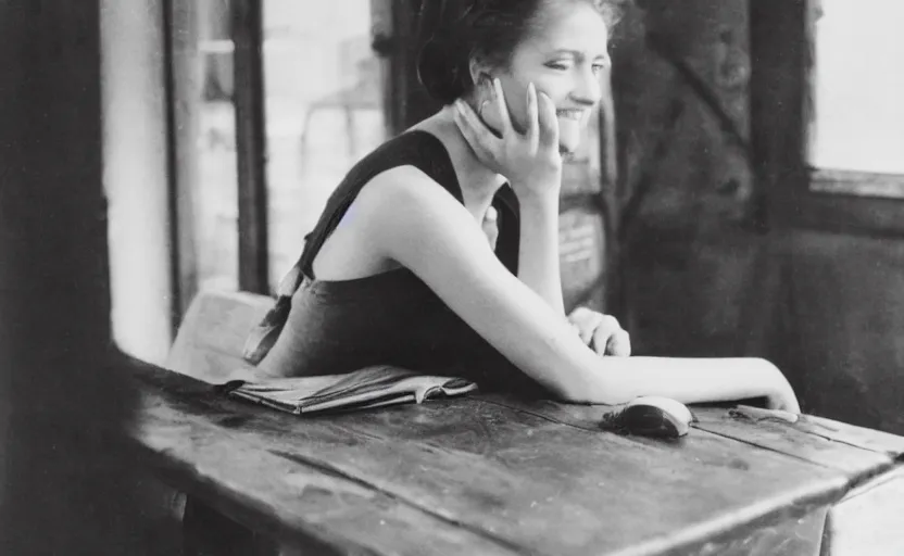 Image similar to a photo of young woman leaning on a table