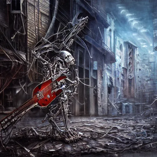 Image similar to death robot shredding guitar, standing in ruined burning street by Yoshitaka Amano, by HR Giger, biomechanical, 4k, hyper detailed, hyperrealism, anime, a Blood Moon rising on a Broken World, deviantart, artstation