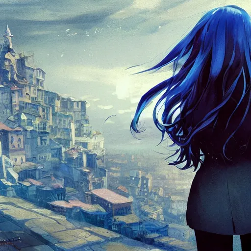 Prompt: low - angle shot from behind of a long blue - haired girl in a tailcoat overlooking demacia, noir, screenshot, sharp focus, intricate, illustration, cell shaded, digital painting, highly detailed, straight hair, art by ilya kuvshinov, wlop, greg rutkowski, studio quality, james jean