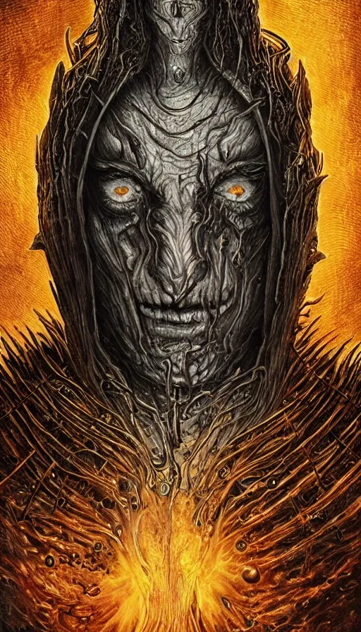 Prompt: Elden Ring, Lord of the Rings Sauron in black sharp edged exoskeleton armor saint icon portrait themed tarot card, the dark post-apocalyptic hellscape torment intricate golden artwork by Artgerm, Johnatan Wayshak, Zdizslaw Beksinski, Darius Zawadzki, H.R. Giger, Takato Yamamoto, masterpiece, very coherent artwork, cinematic, high detail, octane render, unreal engine, 8k, High contrast, golden ratio, trending on cgsociety, ultra high quality model, production quality cinema model in the style of Midjourney, highly detailed and intricate artwork, masterpiece, majestic, ephemeral, cinematic lighting, vivid and vibrant colors, iconic movie poster character production art concept, haunting, horror, gothic fog ambience, emerald fire palette, Artstation trending, unreal engine, octane render