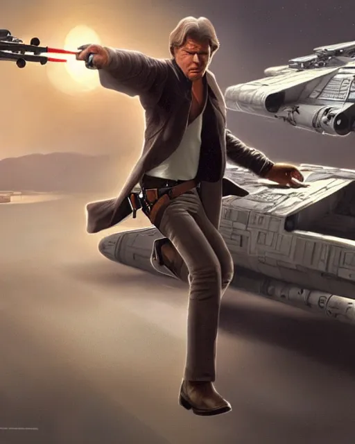 Image similar to the most amazing dream you ever had about han solo, harrison ford,, star wars, gta v, hyper realistic, ambient lighting, concept art, intricate, hyper detailed, smooth, volumetric lighting, george lucas, ralph mcquarrie, octane