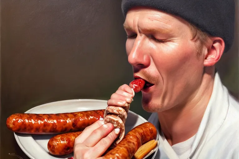 Image similar to ( ( a beautiful 8 k photorealistic masterpiece oil painting ) ( of ( a finnish man eating a sausage in seinajoki ) ) ) ( hyperrealism ) ( 1 6 k ) ( trending on artstation )