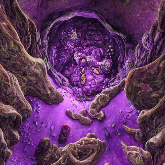 Image similar to detailed shot of inside a cavernous living stomach of a giant goddess, the walls purple and pulsing, lots of acid pooling up on the floor, digesting and dissolving a human that ended up inside, food pov, micro pov, vore, digital art, furry art, high quality, 8k 3D realistic, macro art, micro art, Furaffinity, Deviantart, Eka's Portal, G6