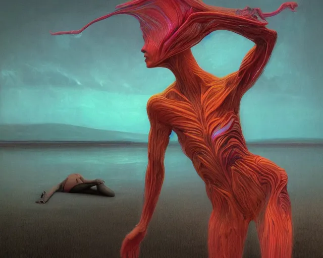 Prompt: iridescent, portrait, neon body, rocky lake shore, alien woman, a otherwordly huge monster is appraching from the horizon, glowing red, dynamic poses, by edgar maxence and ross tran, zdzisław beksinski, and michael whelan, distant, gustav dore, h. r. giger, 8 k, octane render