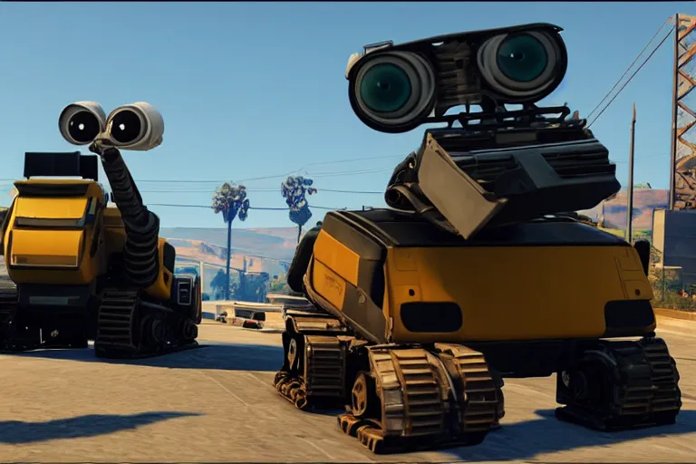 Image similar to wall - e in grand theft auto 5, heavy detailed, ultra high definition quality, gta 5 game engine graphics