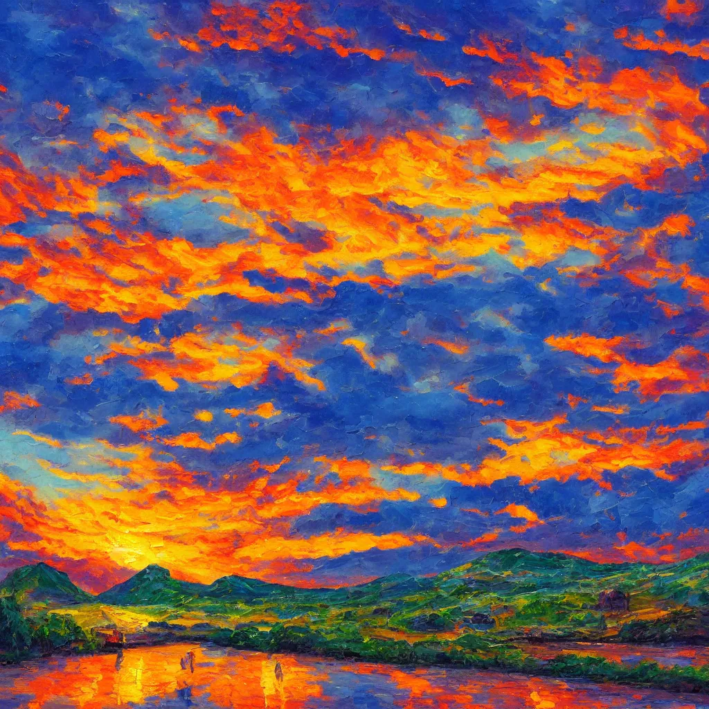 Image similar to an impasto oil painting of a stunning, colorful sunset over ratisbona painted by ken hong leung