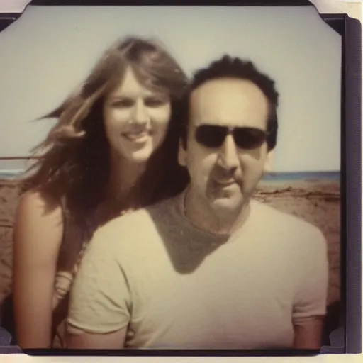 Prompt: found polaroid of my parents at beach, who look exactly like Taylor Swift and Nicolas Cage